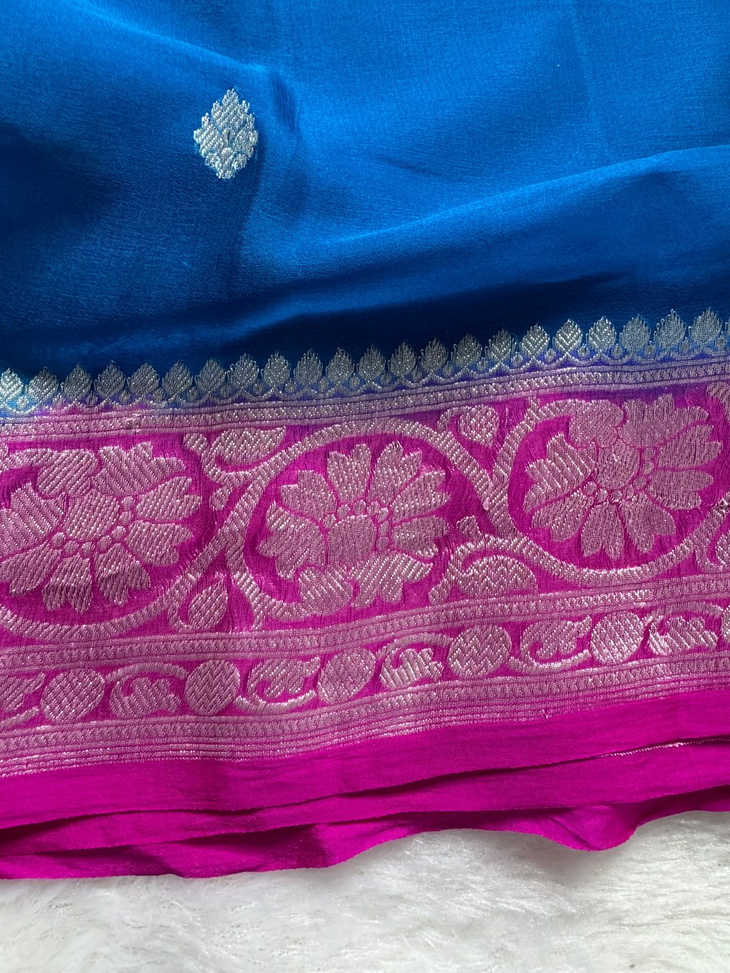 Teal Blue & Rani Pink Pure Khaddi Chiffon Silk Banarasi Saree