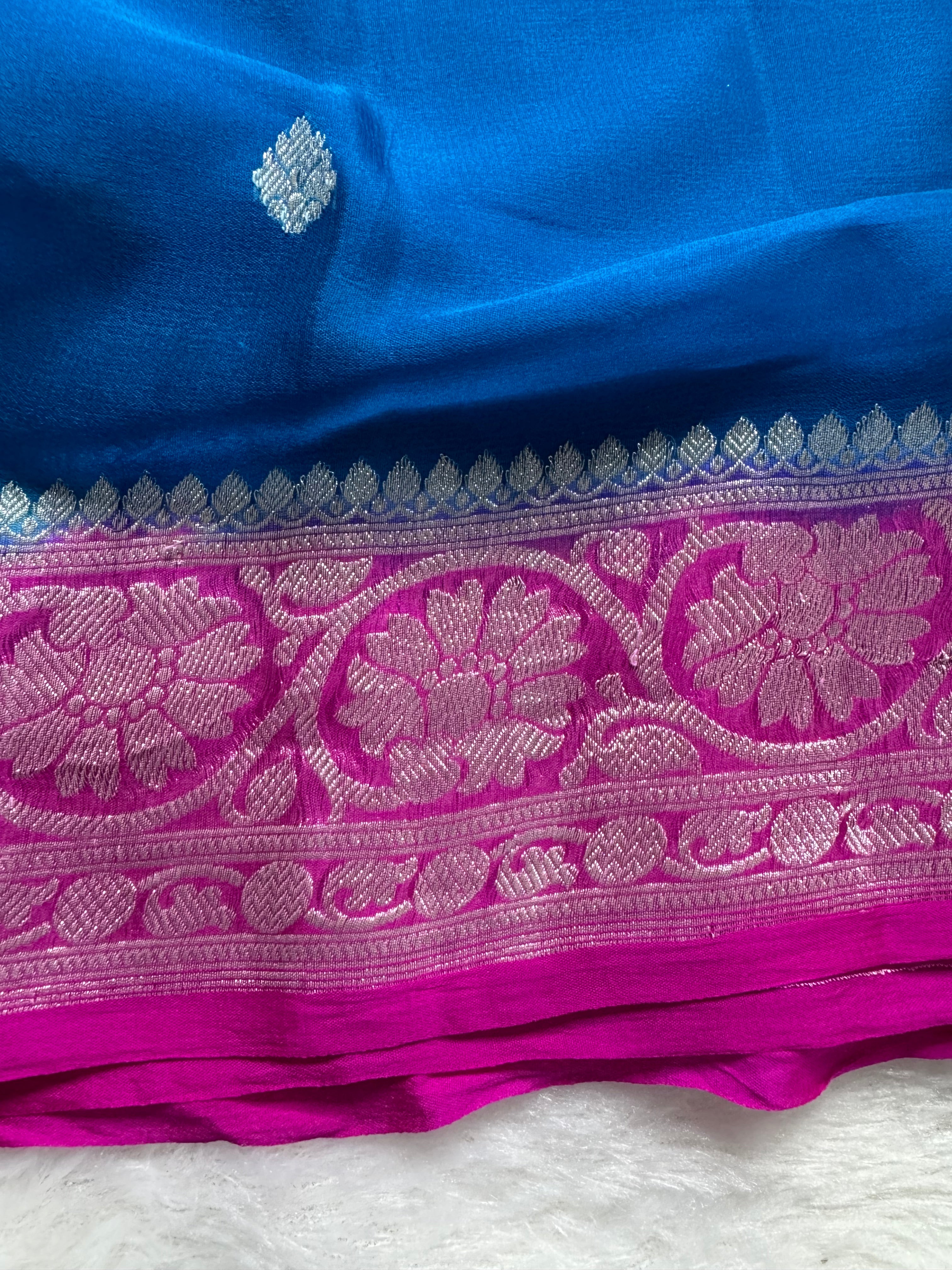 Teal Blue & Rani Pink Pure Khaddi Chiffon Silk Banarasi Saree