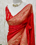 Red Pure Khaddi Crep Silk Banarasi Saree