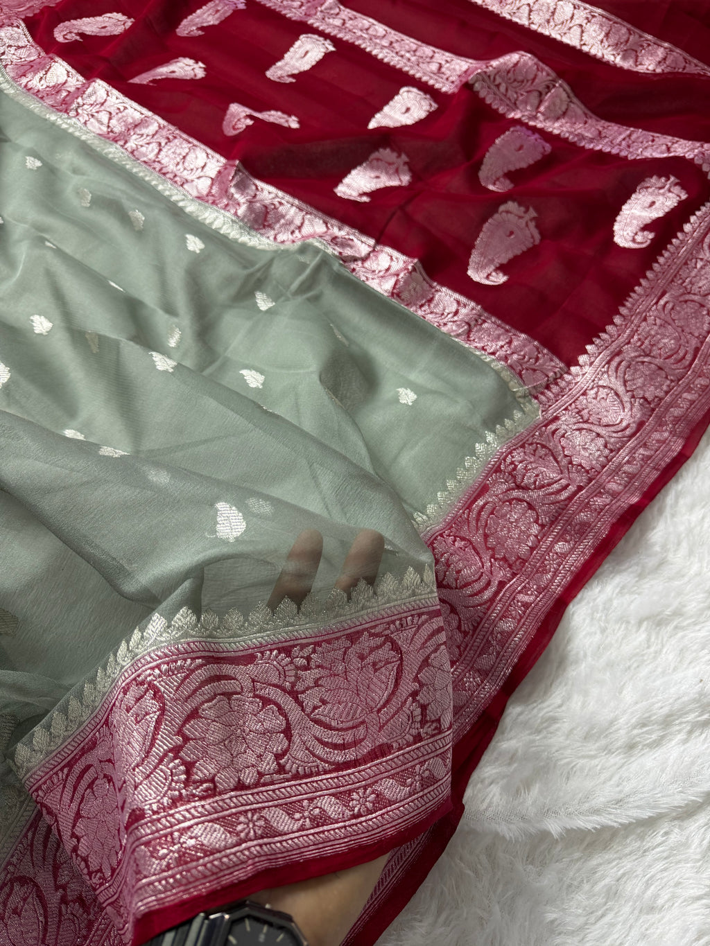 Grey & Red Pure Khaddi Chiffon Silk Banarasi Saree