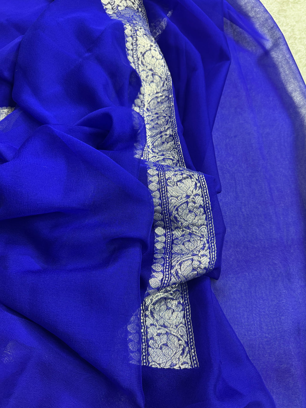 Royal blue Pure khaddi Chiffon Silk Banarasi Border Booti Saree