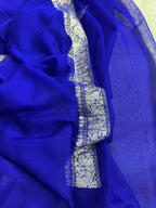 Royal blue Pure khaddi Chiffon Silk Banarasi Border Booti Saree