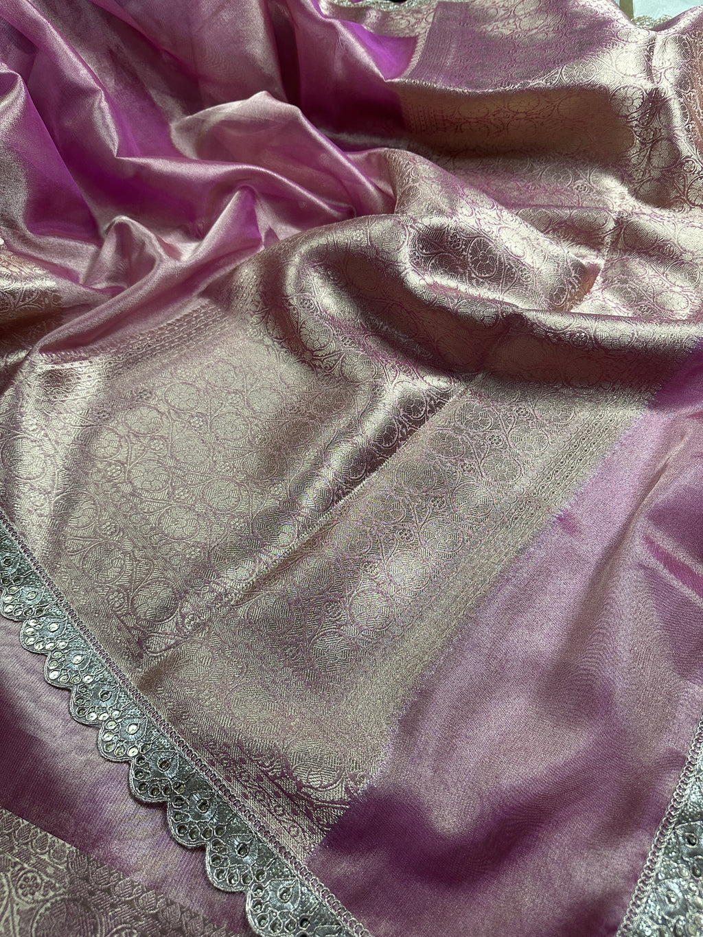 Blush Pink Beautiful Scallops Lace Border Tissue Silk Banarasi Saree