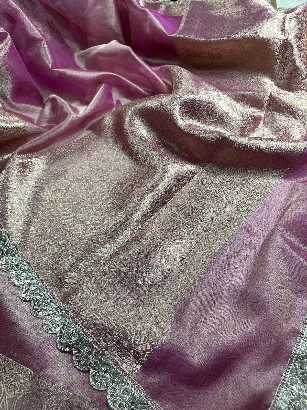 Blush Pink Beautiful Scallops Lace Border Tissue Silk Banarasi Saree