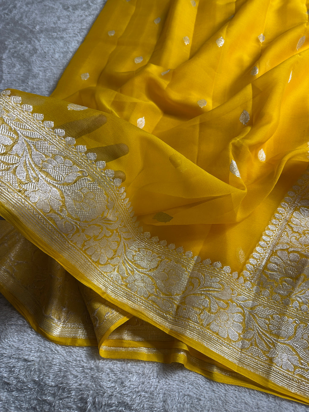 Mustard Yellow Pure Khaddi Chiffon Silk Banarasi Saree