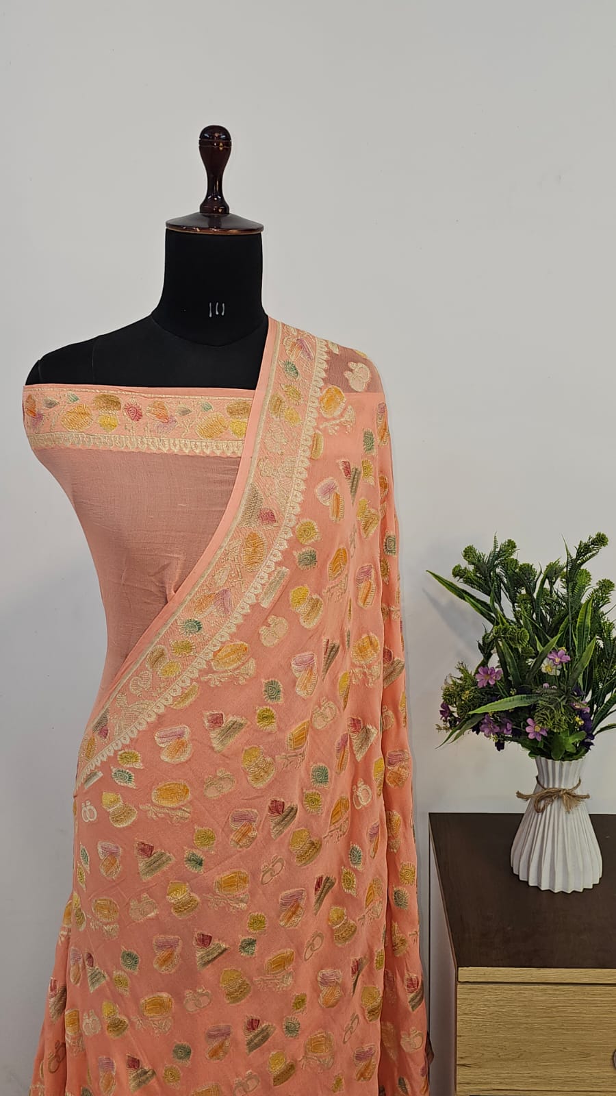 Peach Handbrush Meenakari Pure Khaddi Georgette Silk Banarasi Saree