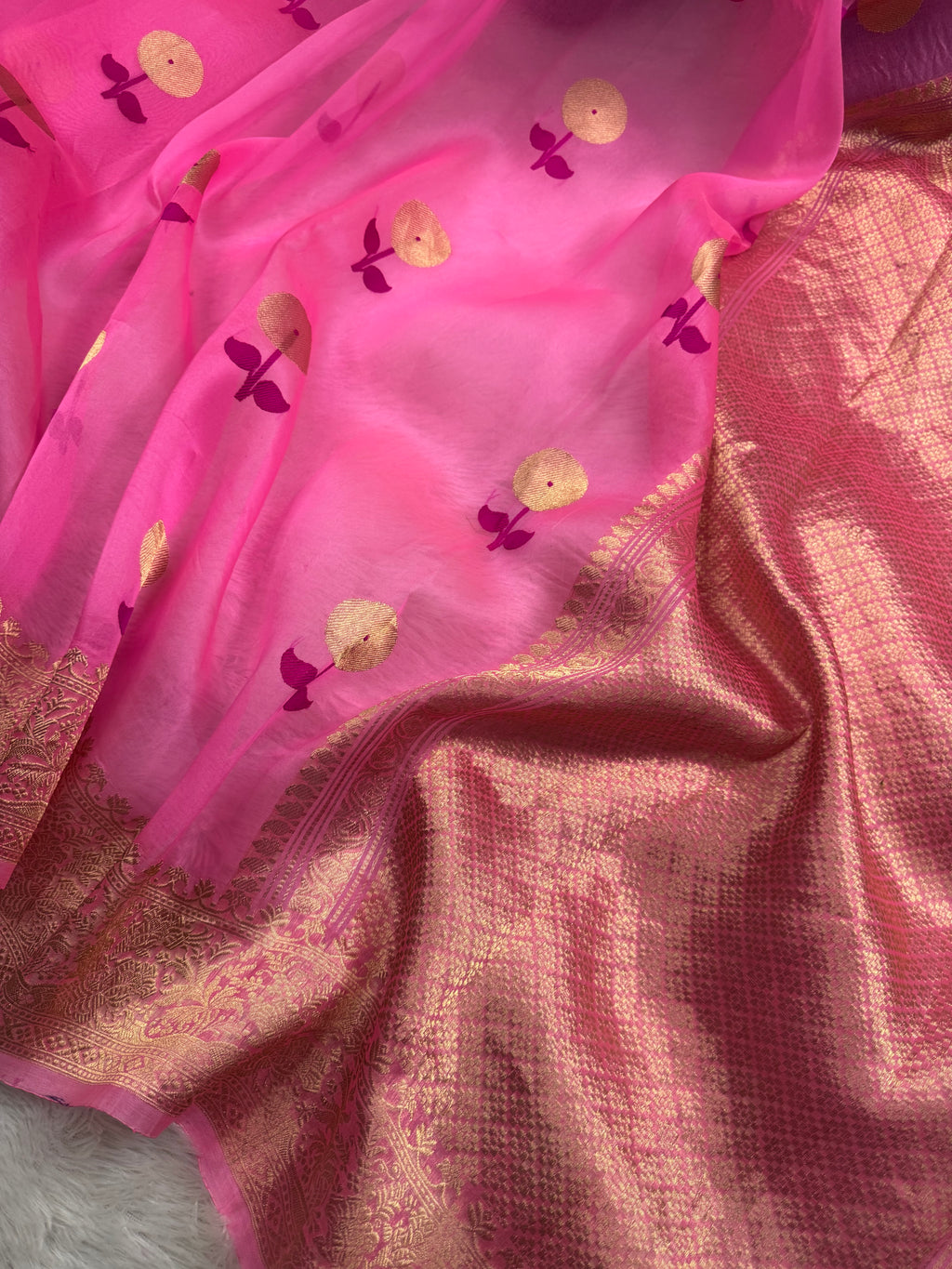 Pink Pure Kora Organza Silk Banarasi Saree