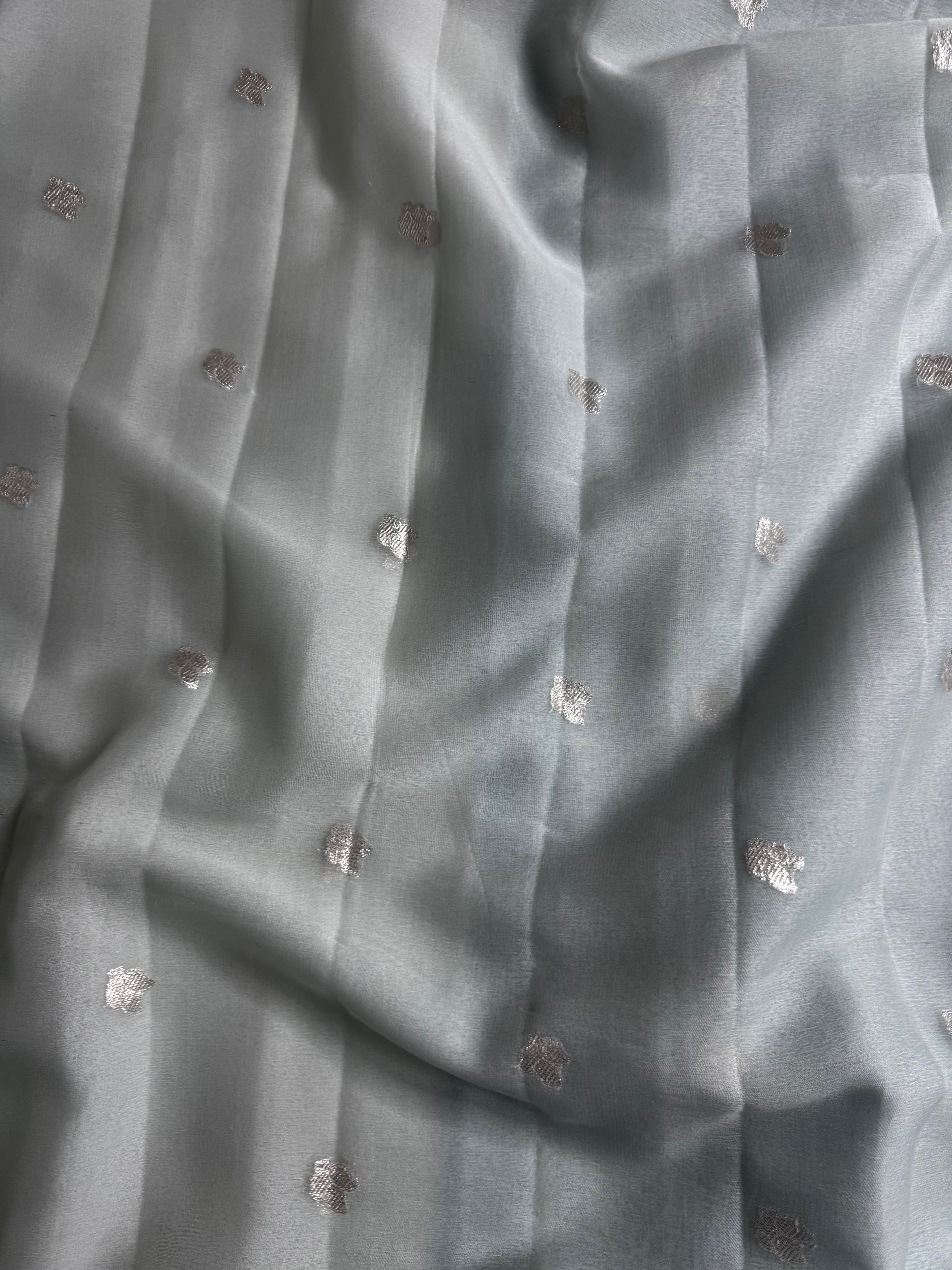 Deep Sea Green & Light Sea Green Pure khaddi Chiffon Silk Banarasi Border Booti Saree