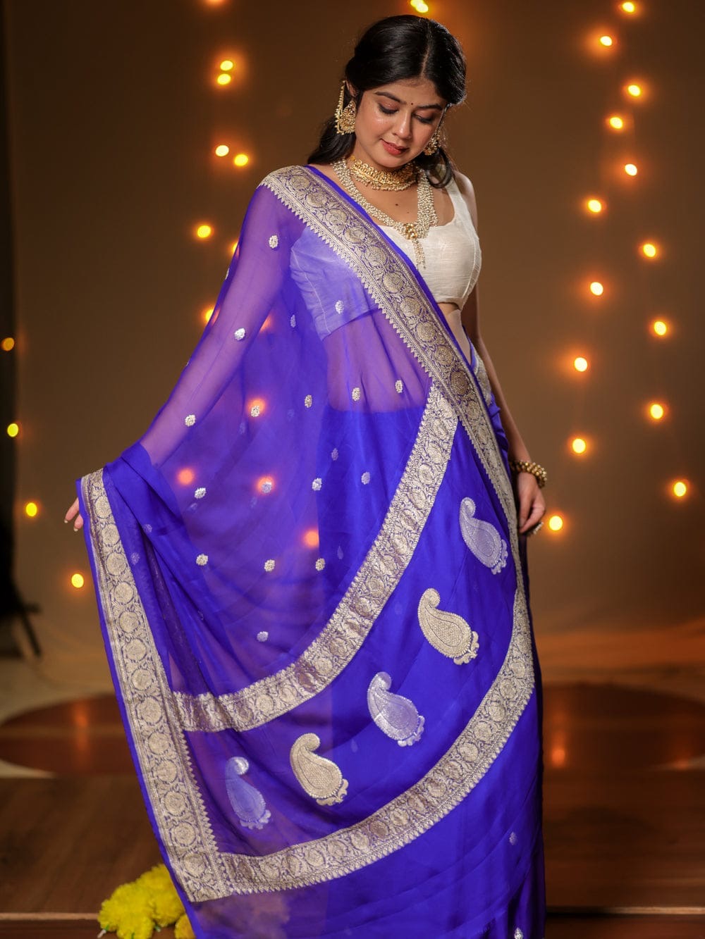 Royal Blue Pure Khaddi Chiffon Silk Banarasi Saree