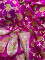 Rani Pink Handbrush Meenakari Pure Chiffon Silk Banarasi Saree