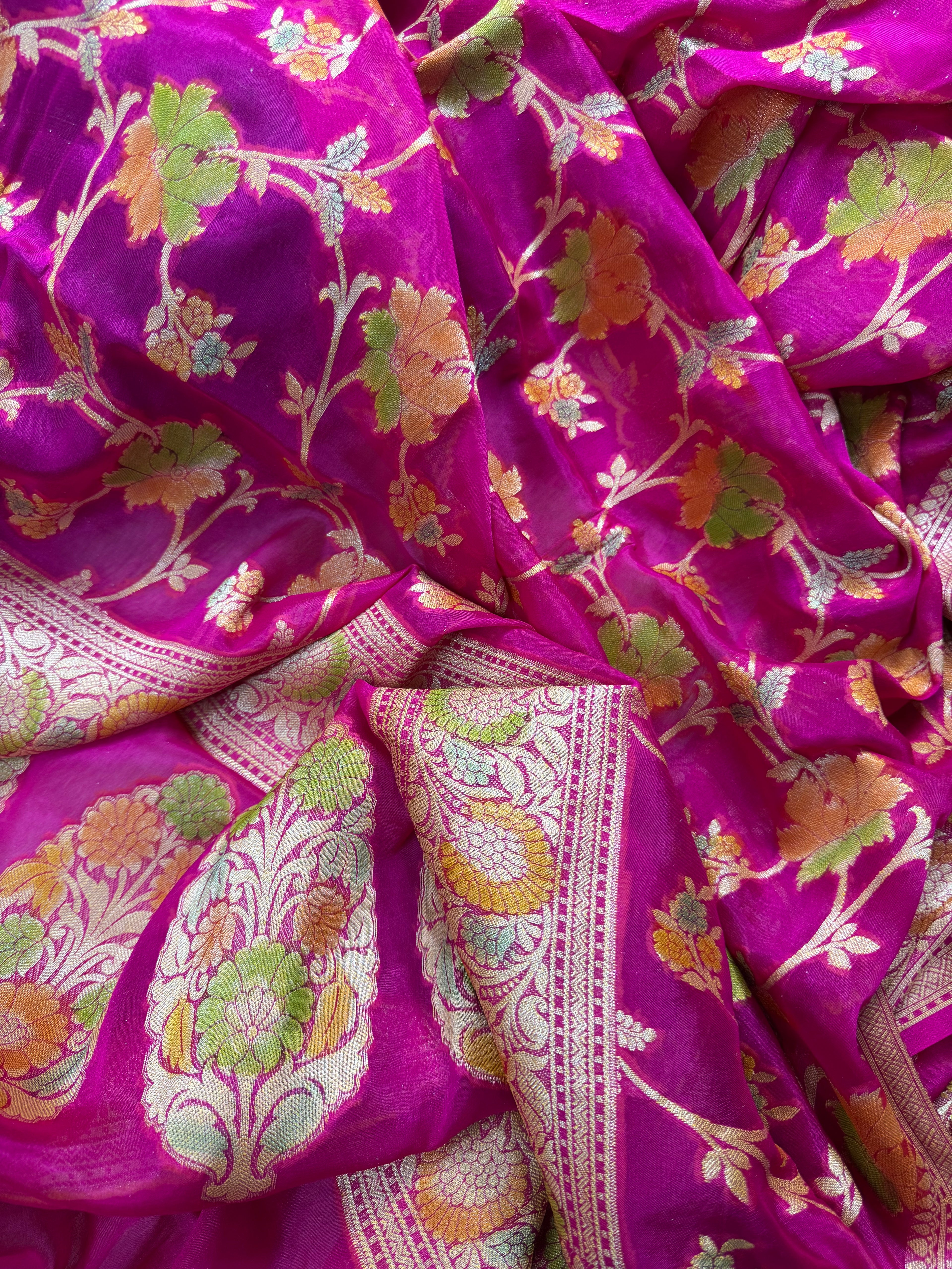 Rani Pink Handbrush Meenakari Pure Chiffon Silk Banarasi Saree
