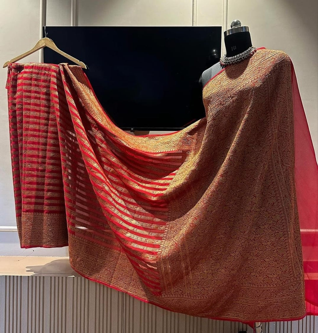 Red Pure Khaddi Georgette Silk Banarasi Border Stripe Saree