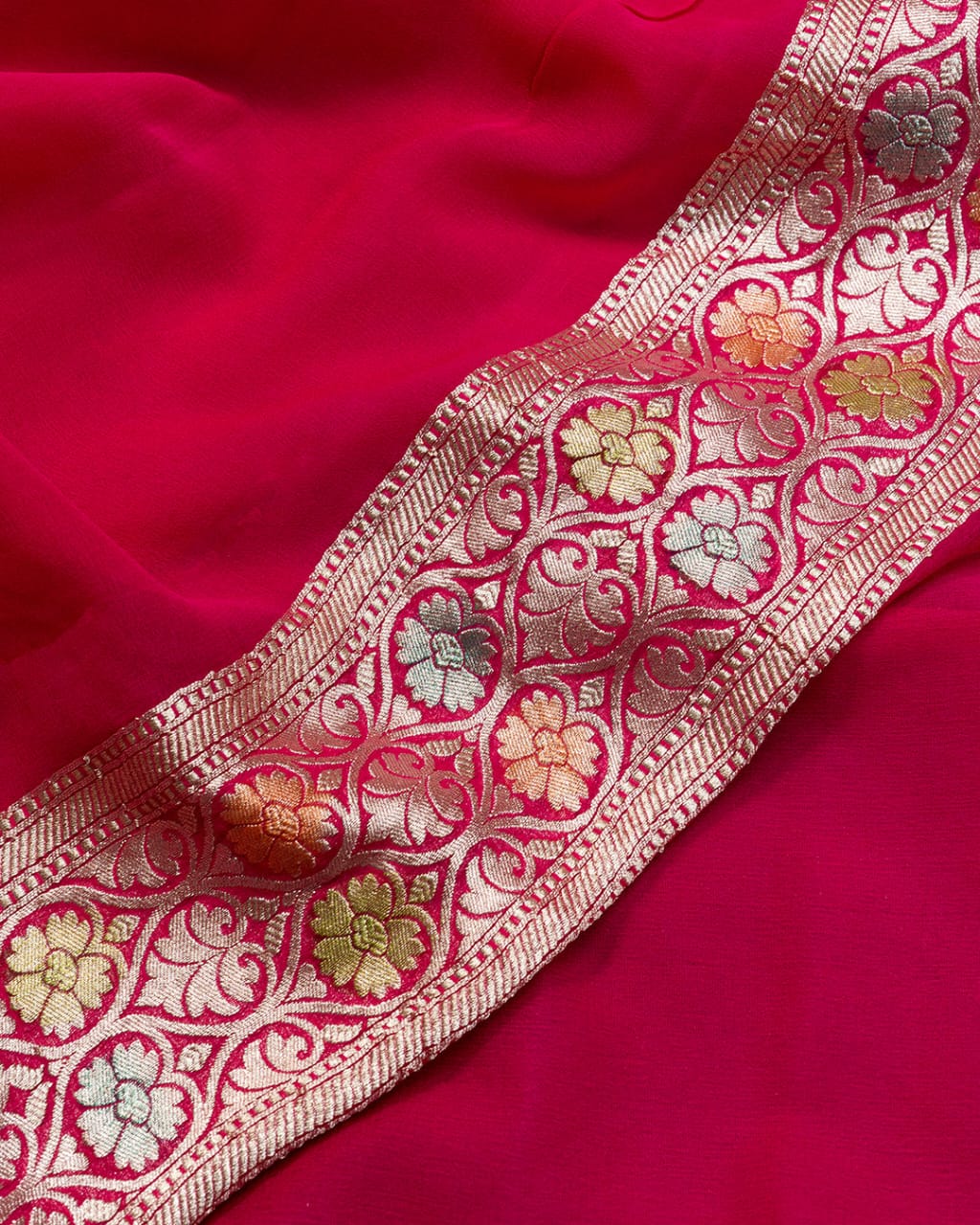 Rani Pink With Handbrush Pure Khaddi Georgette Silk Banarasi Saree