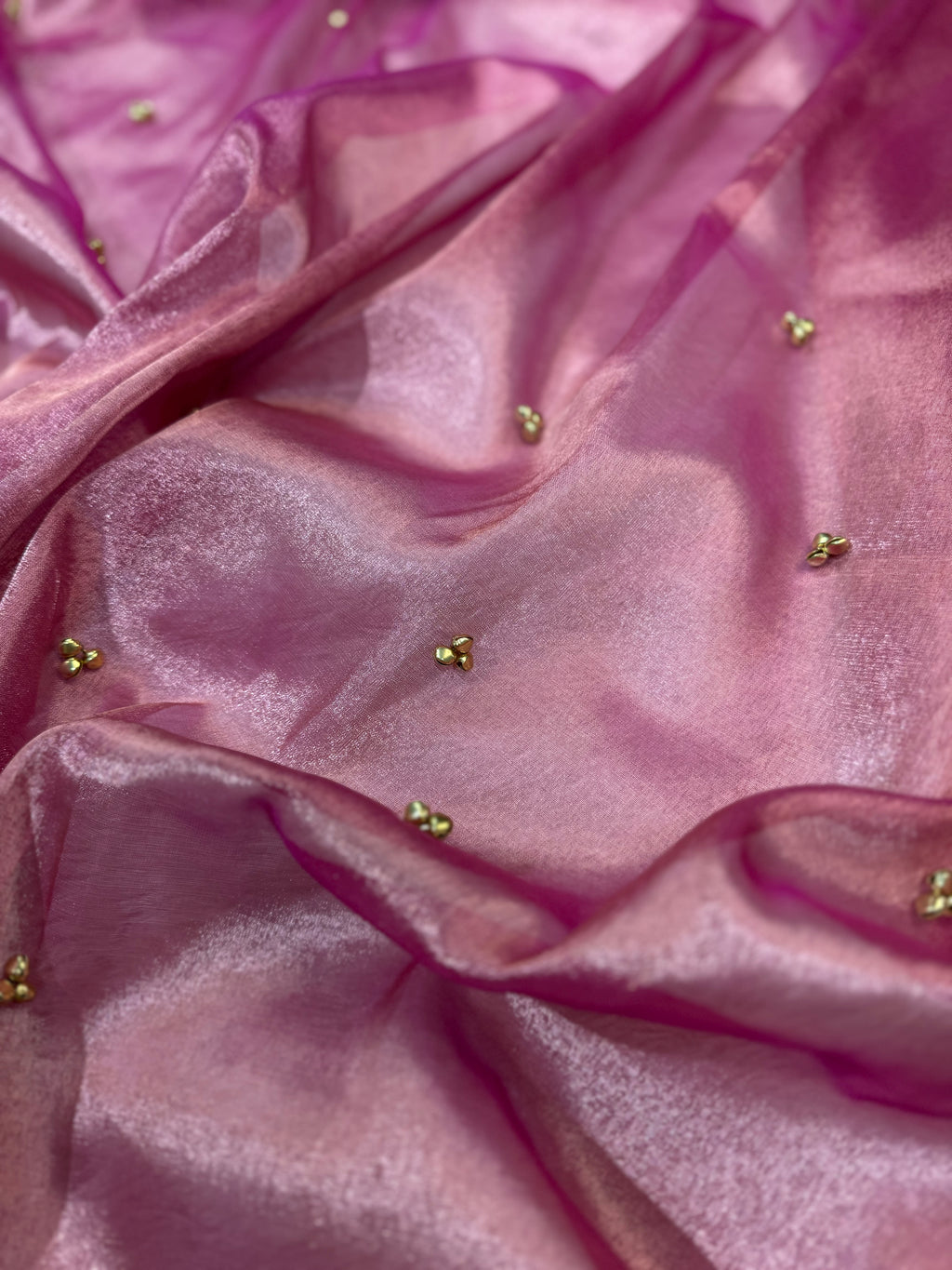 Pink Tissue Silk Saree With Golden Ghungroo Butti Work & Luxury Lace Border