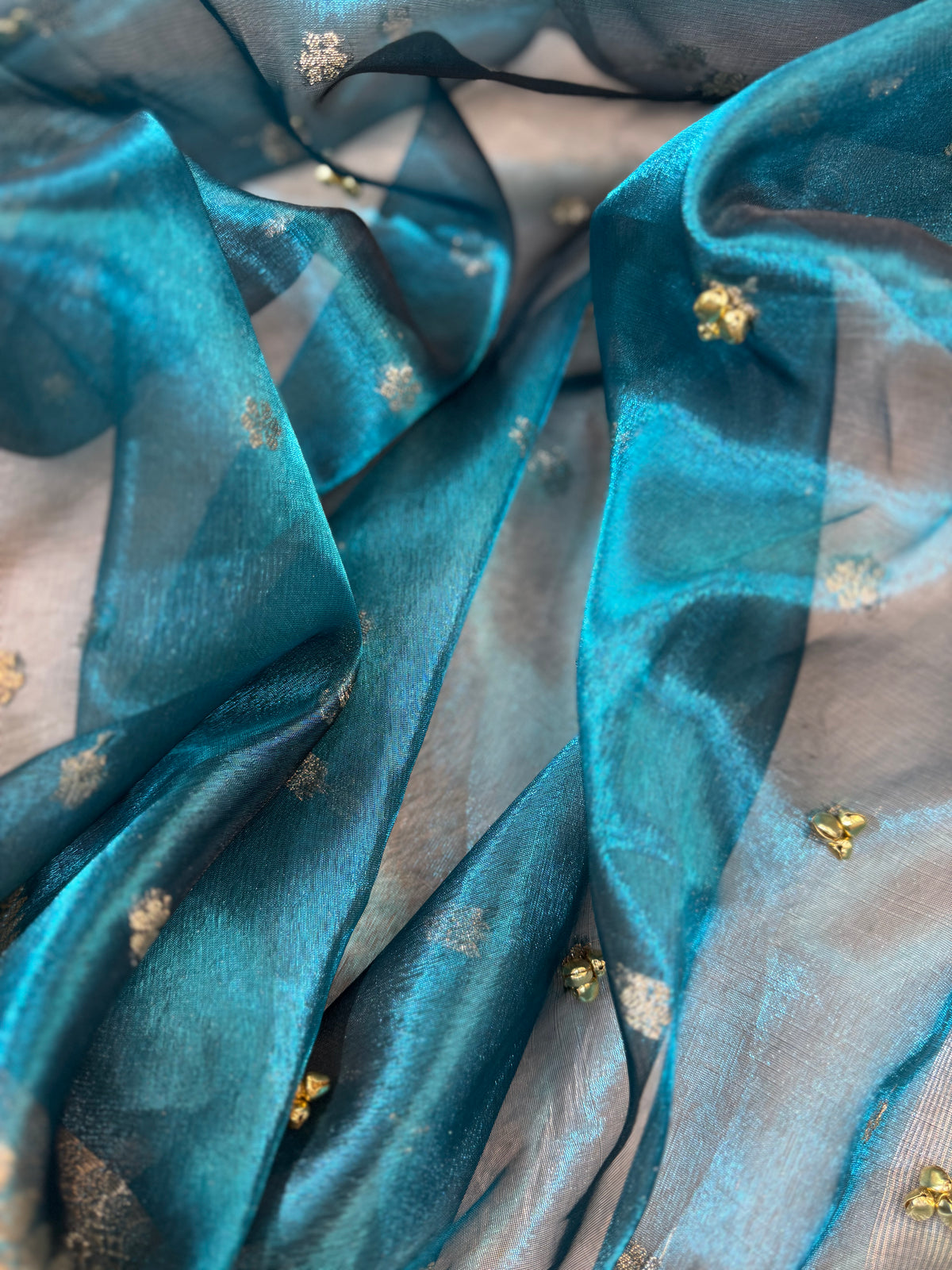 Ocean Tissue Silk Saree With Golden Ghungroo Butti Work & Luxury Lace Border