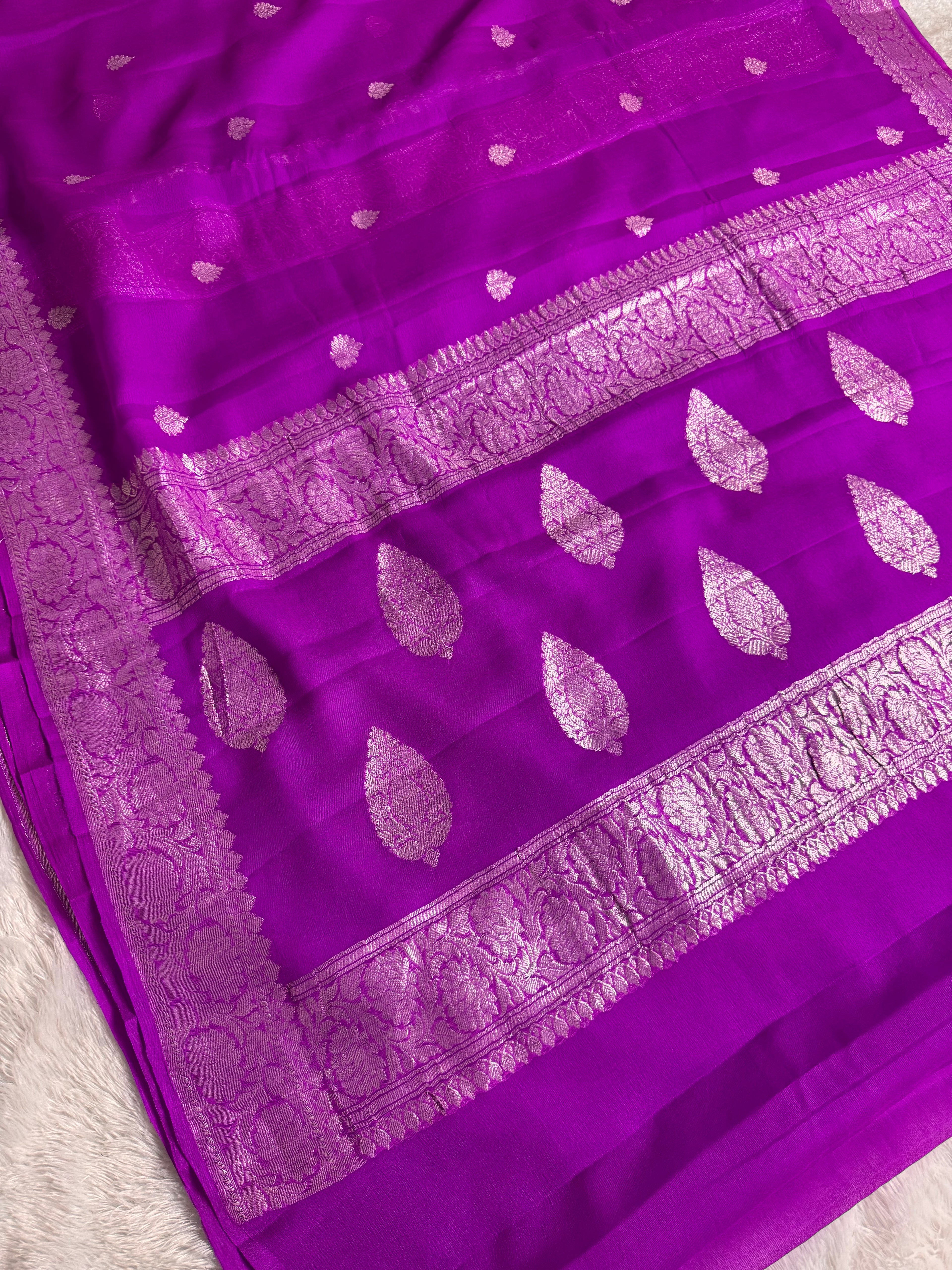 Bright Magenta Pure Khaddi Chiffon Silk Banarasi Saree