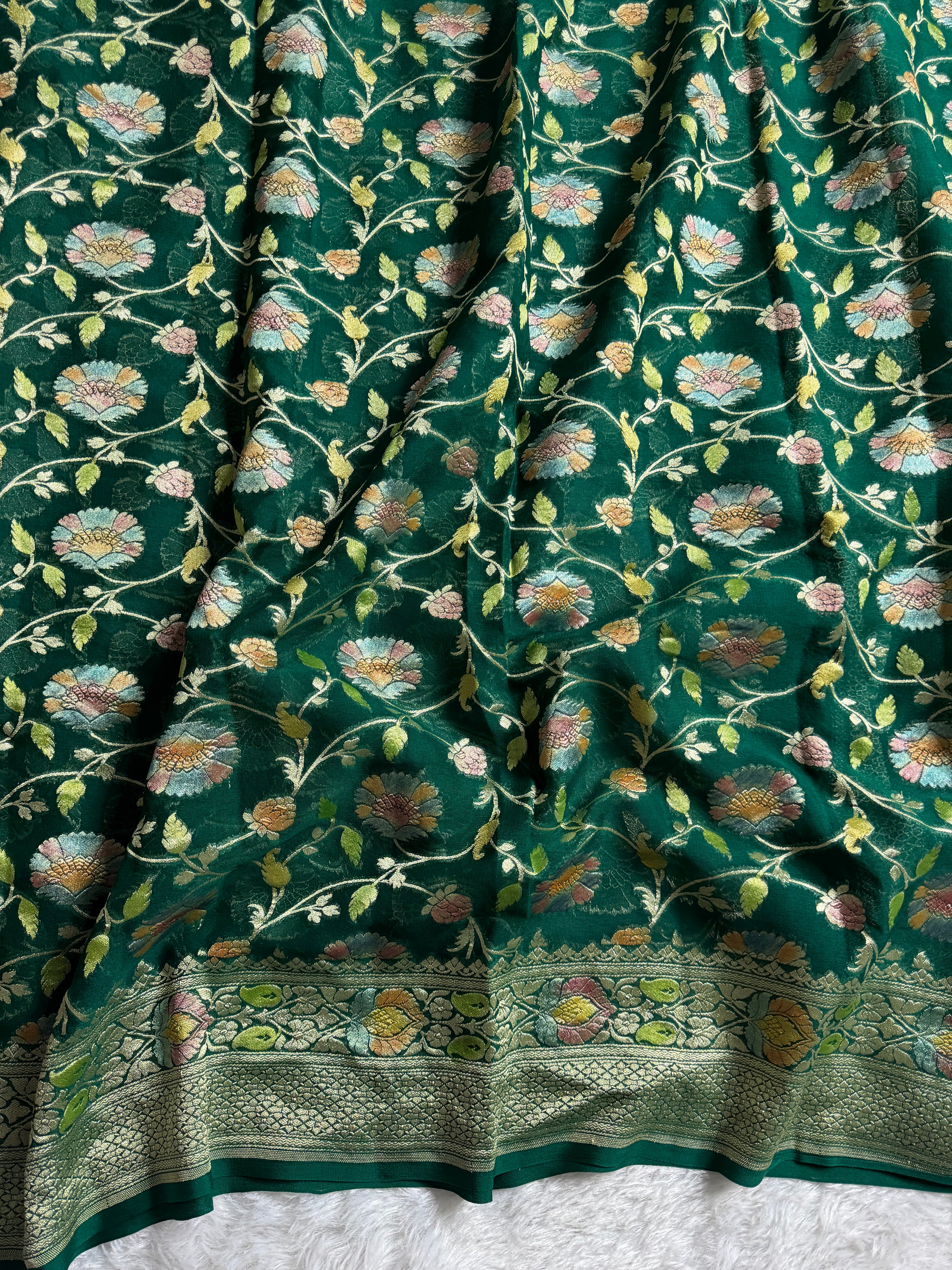 Bottle Green Handbrush Meenakari Pure Khaddi Georgette Silk Banarasi Saree