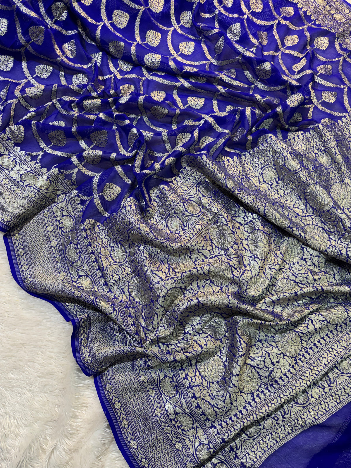 Royal Blue Pure Khaddi Georgette Silk Banarasi Saree