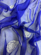 Royal Blue & Red Double Borders Pure Khaddi Chiffon Silk Banarasi Saree