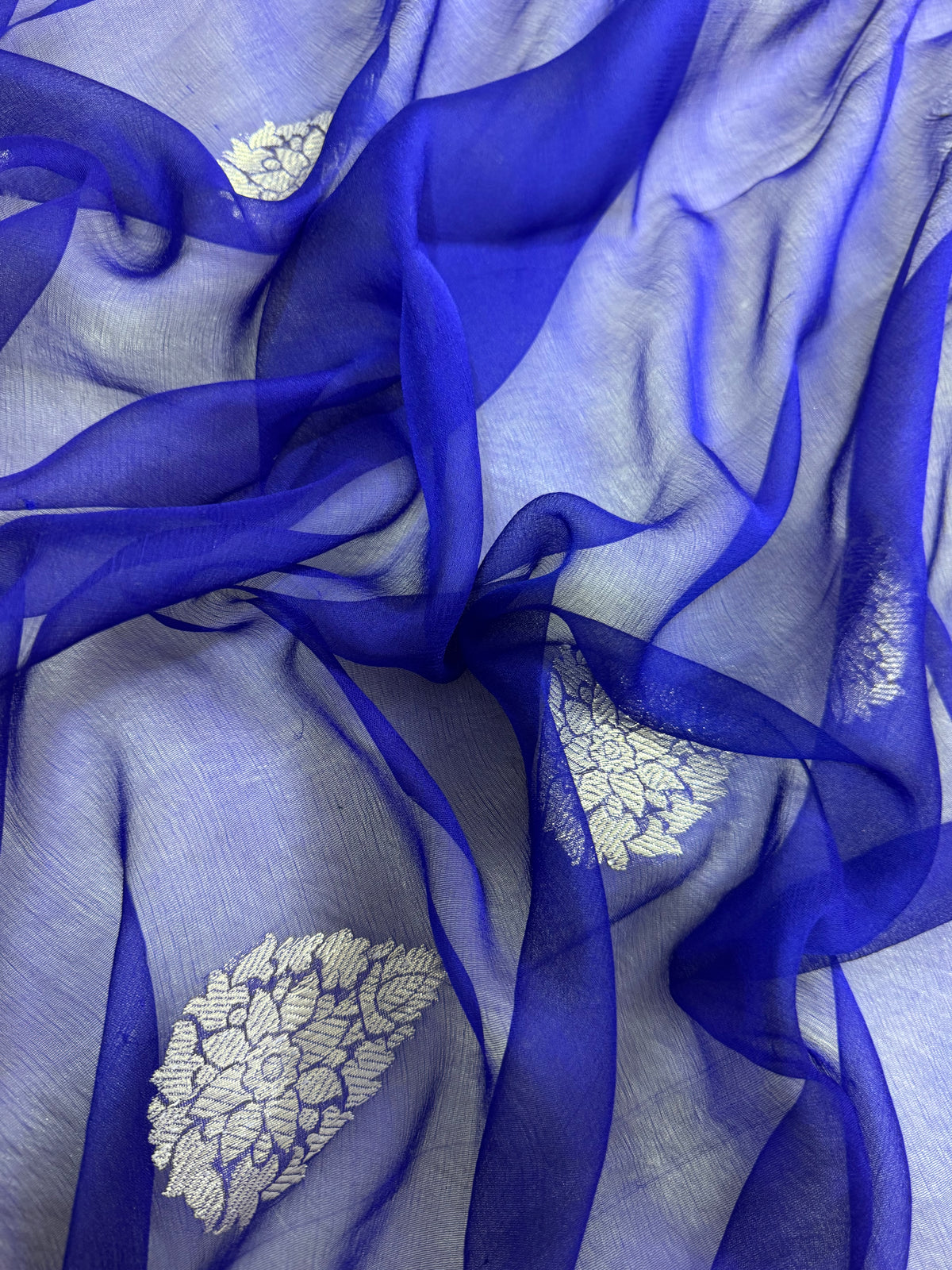 Royal Blue & Red Double Borders Pure Khaddi Chiffon Silk Banarasi Saree