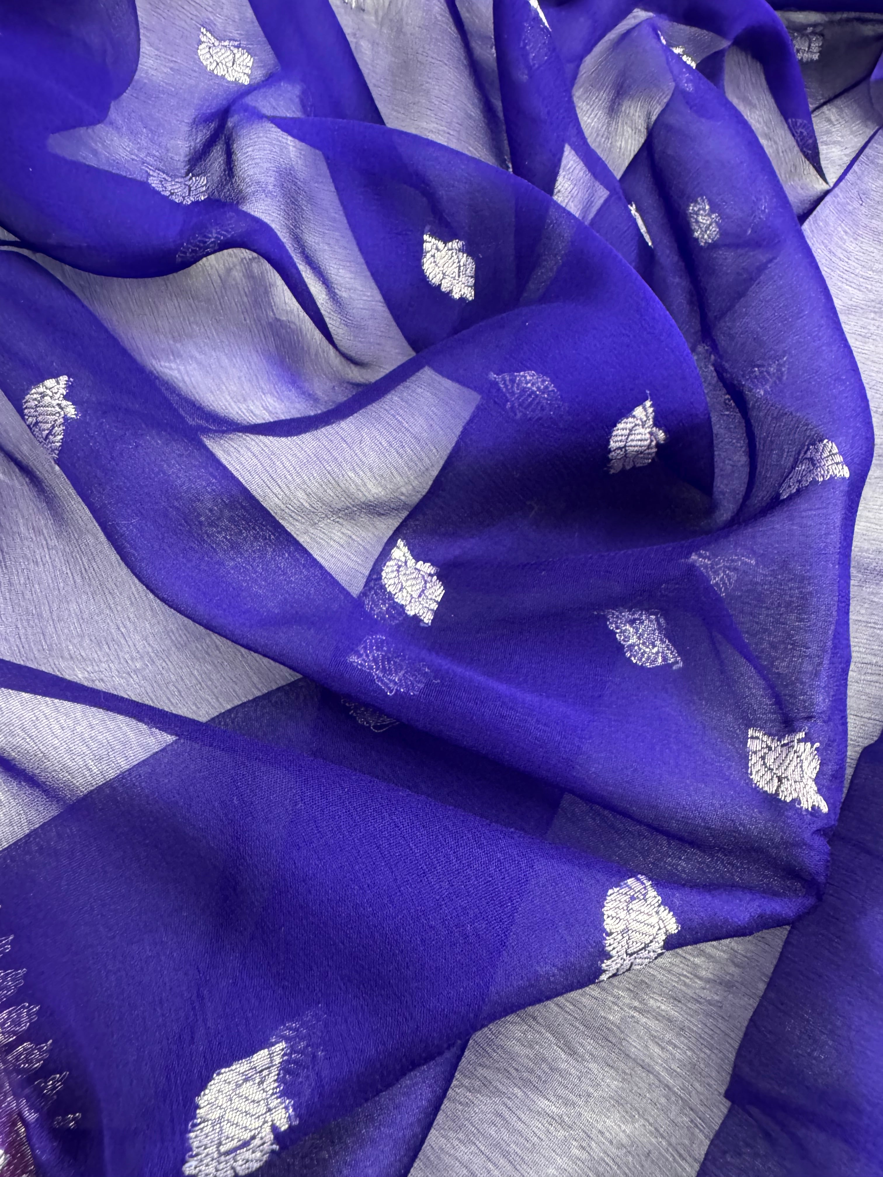 Royal Blue & Rani Pink Pure Khaddi Chiffon Silk Banarasi Saree