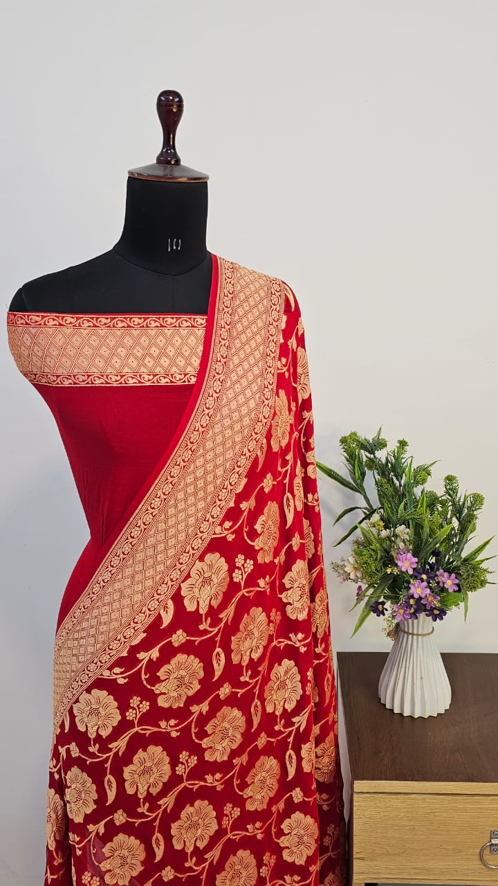 Red Pure Khaddi Georgette Silk Banarasi Saree