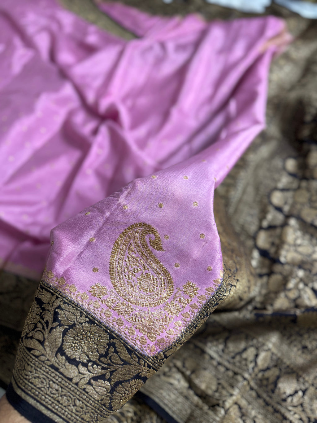 Dark Navy Blue & Pastel Pink Pure Khaddi Crep Silk Banarasi Saree