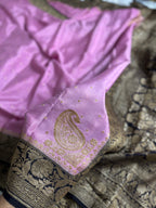 Dark Navy Blue & Pastel Pink Pure Khaddi Crep Silk Banarasi Saree