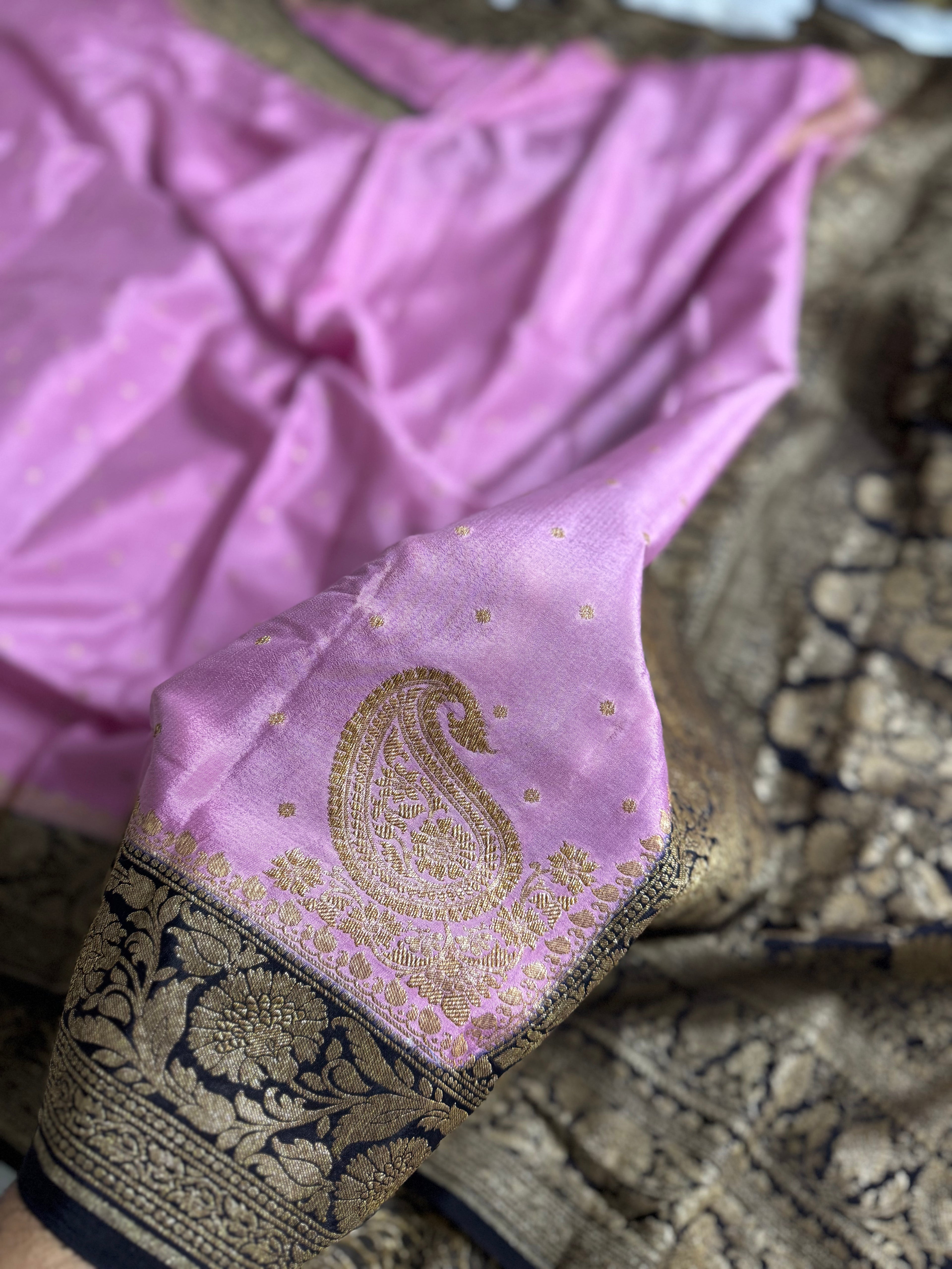 Dark Navy Blue & Pastel Pink Pure Khaddi Crep Silk Banarasi Saree