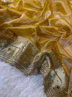 Yellow Tissue Silk Banarasi Saree With Ghungroo & Mirror Work Designer Border Lace Saree