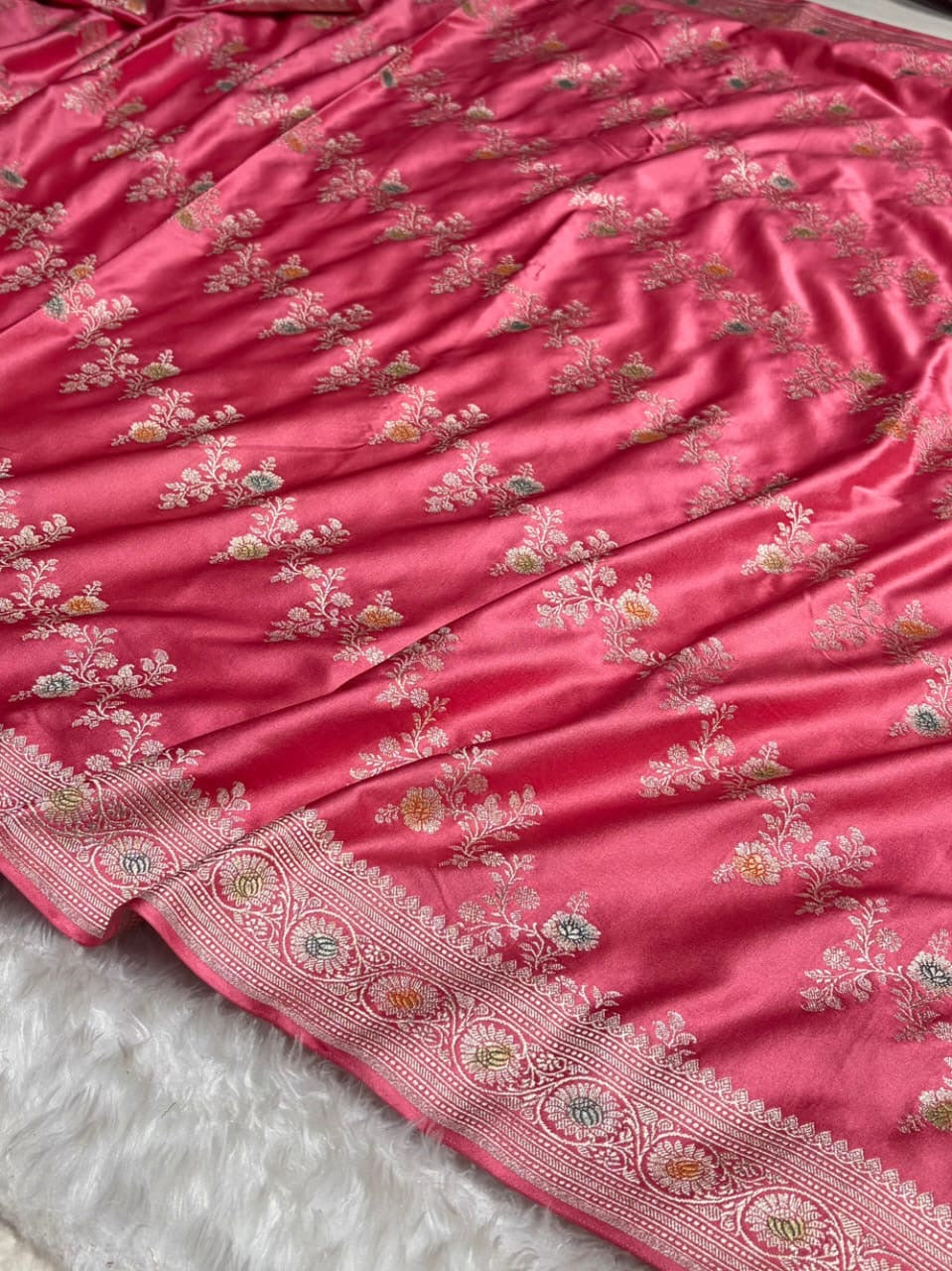 Baby Pink Meenakri Mashru Katan Silk Banarasi Saree