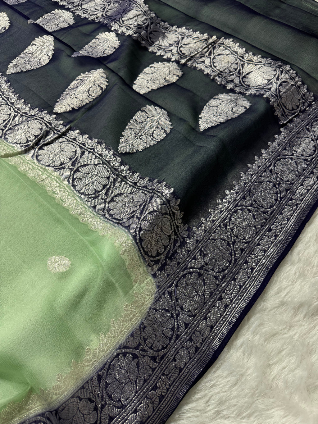 Pista & Navy Blue Pure Khaddi Chiffon Silk Banarasi Saree