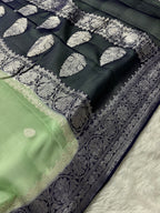 Pista & Navy Blue Pure Khaddi Chiffon Silk Banarasi Saree