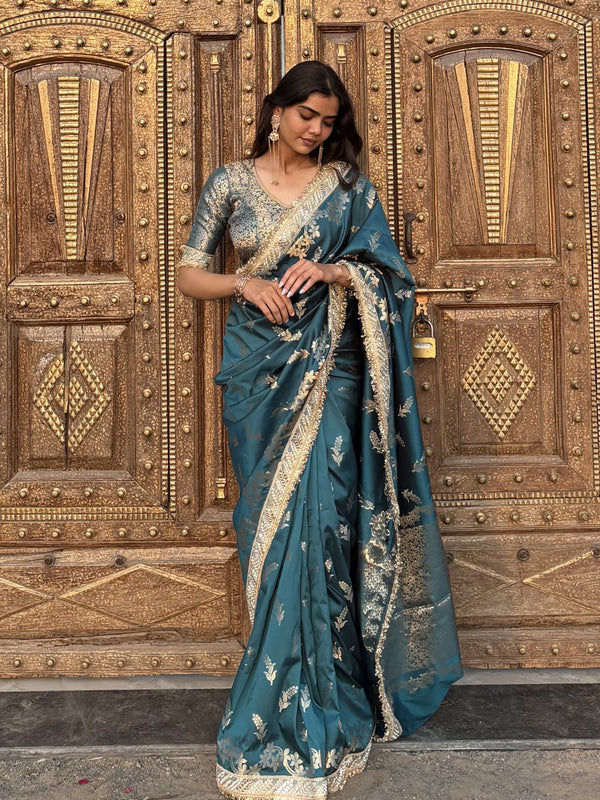 Saffire Green Banarasi Nazakat Soft Silk Saree