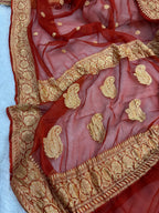 Rust Pure Khaddi Chiffon Silk Banarasi Saree