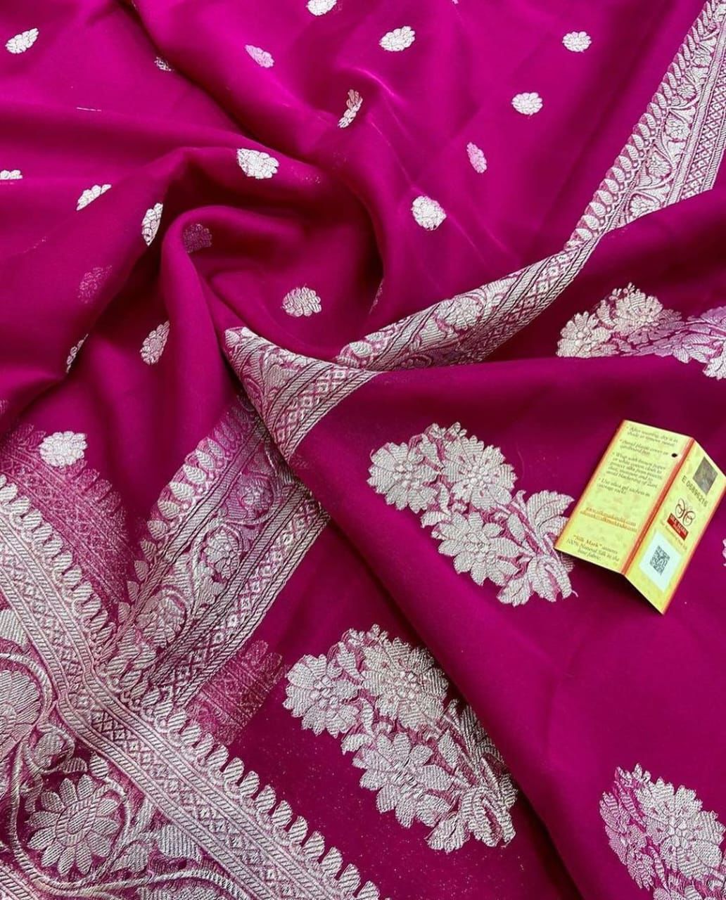 Rani Pink Pure Khaddi Chiffon Silk Banarasi Saree