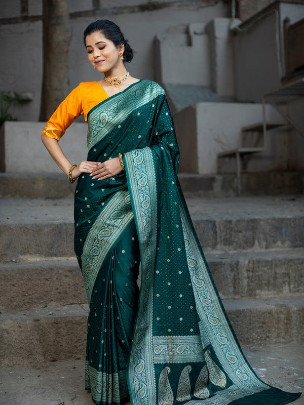 Bottle Green Swarovski Intricate Stone Work Banarasi Mashru Silk Saree
