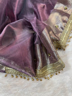 Magenta Tissue Silk Saree With Golden Ghungroo Butti Work & Luxury Lace Border