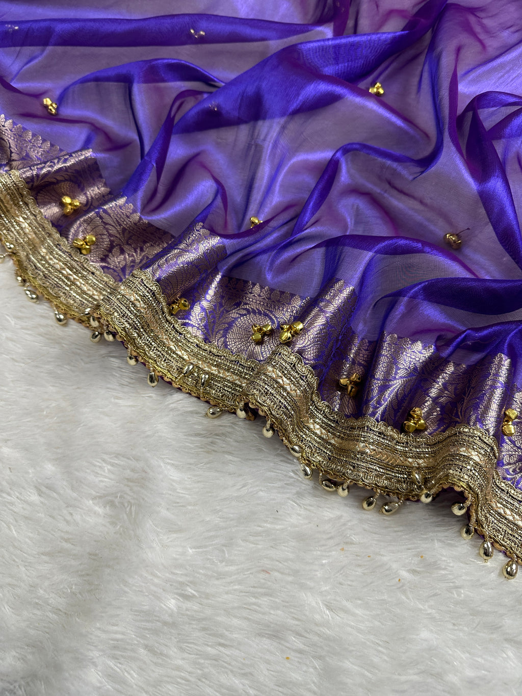 Royal Blue Tissue Silk Saree With Golden Ghungroo Butti Work & Luxury Lace Border
