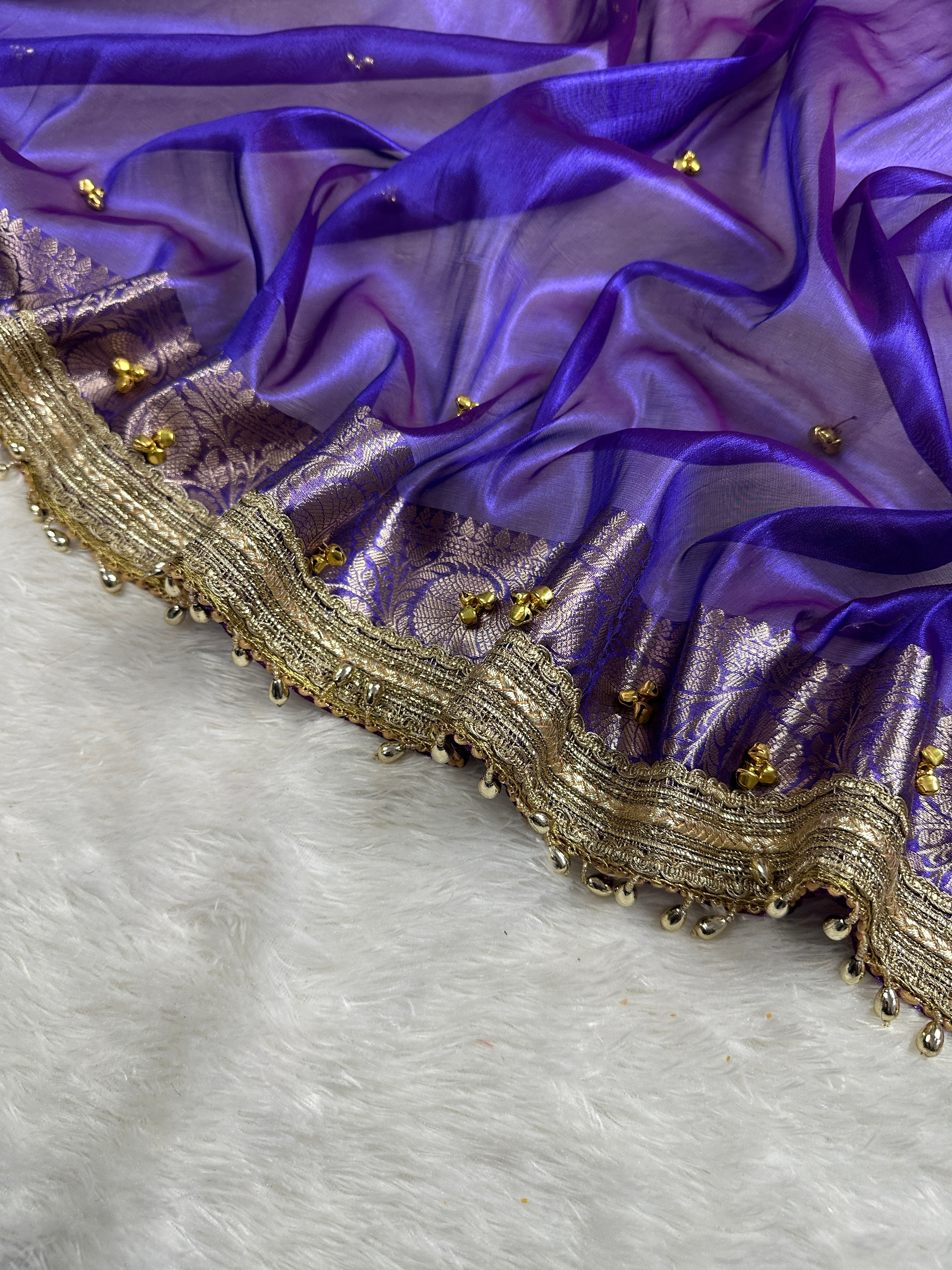Royal Blue Tissue Silk Saree With Golden Ghungroo Butti Work & Luxury Lace Border