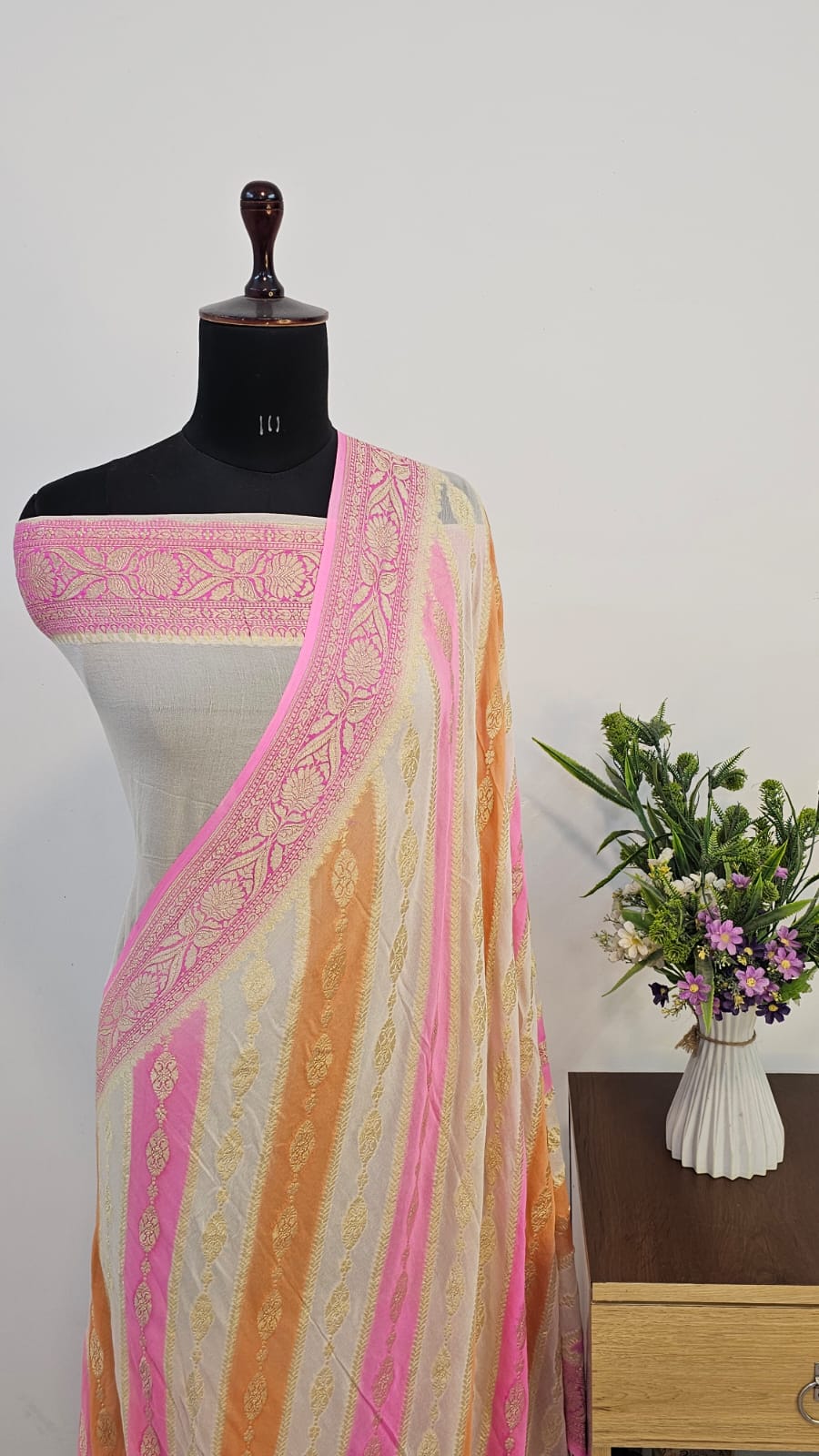 Off- White Rangkat Pure Khaddi Georgette Silk Banarasi Saree