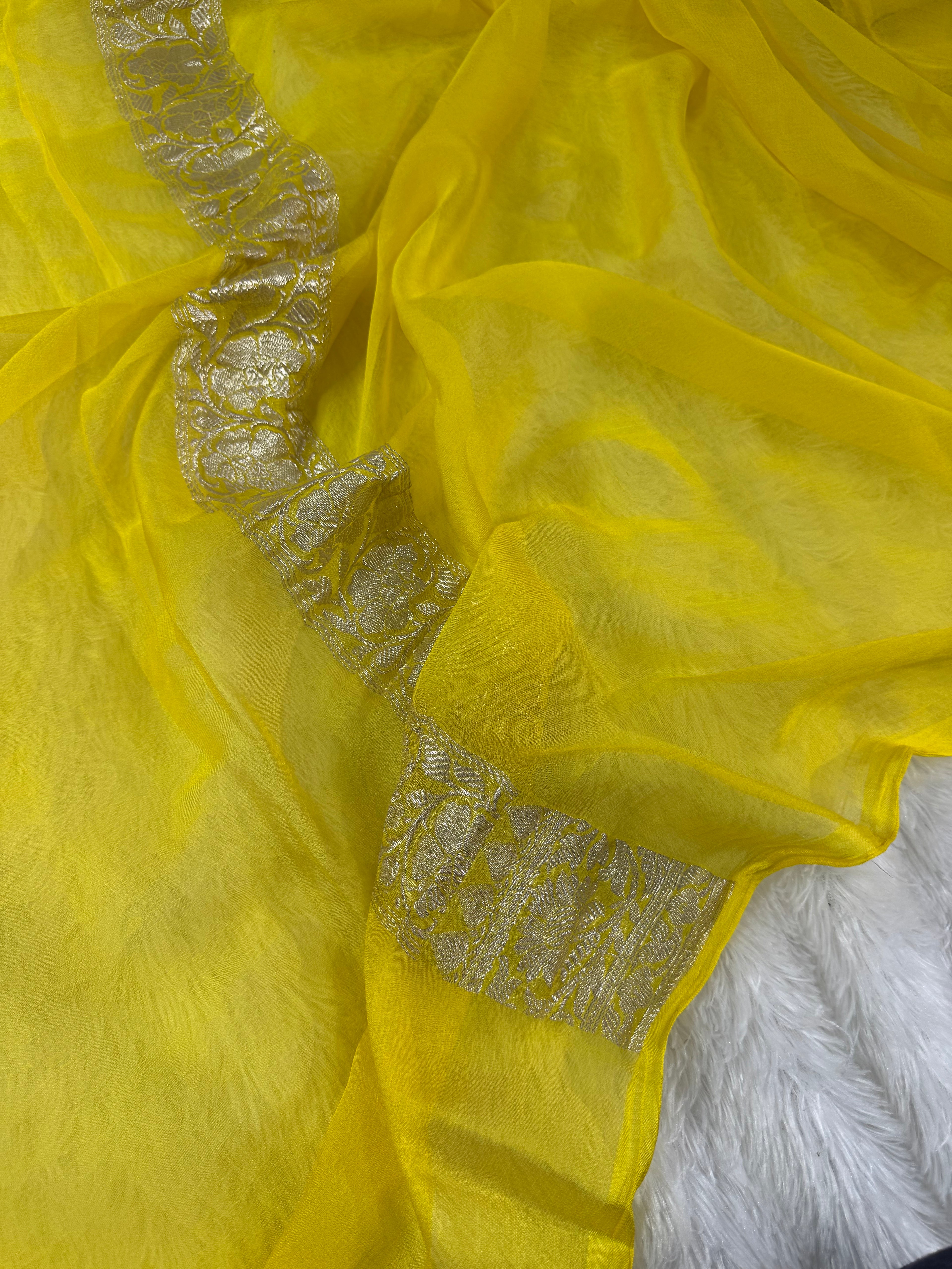 Yellow With Redish Piping Pure Khaddi Chiffon Silk Banarasi Saree