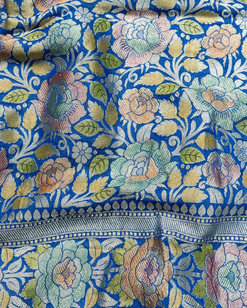 Peacock Blue With Handbrush Pure Khaddi Georgette Silk Banarasi Saree
