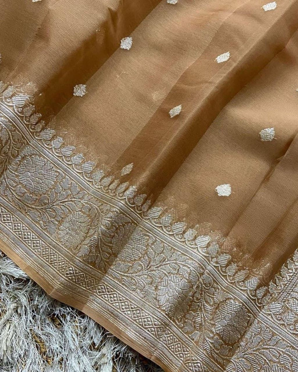 Camel Brown Pure Khaddi Chiffon Silk Banarasi Saree