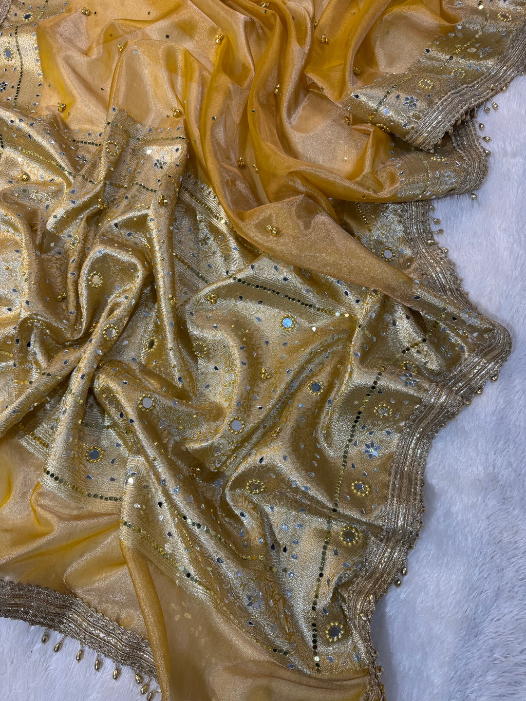 Yellow Tissue Silk Banarasi Saree With Ghungroo & Mirror Work Designer Border Lace Saree