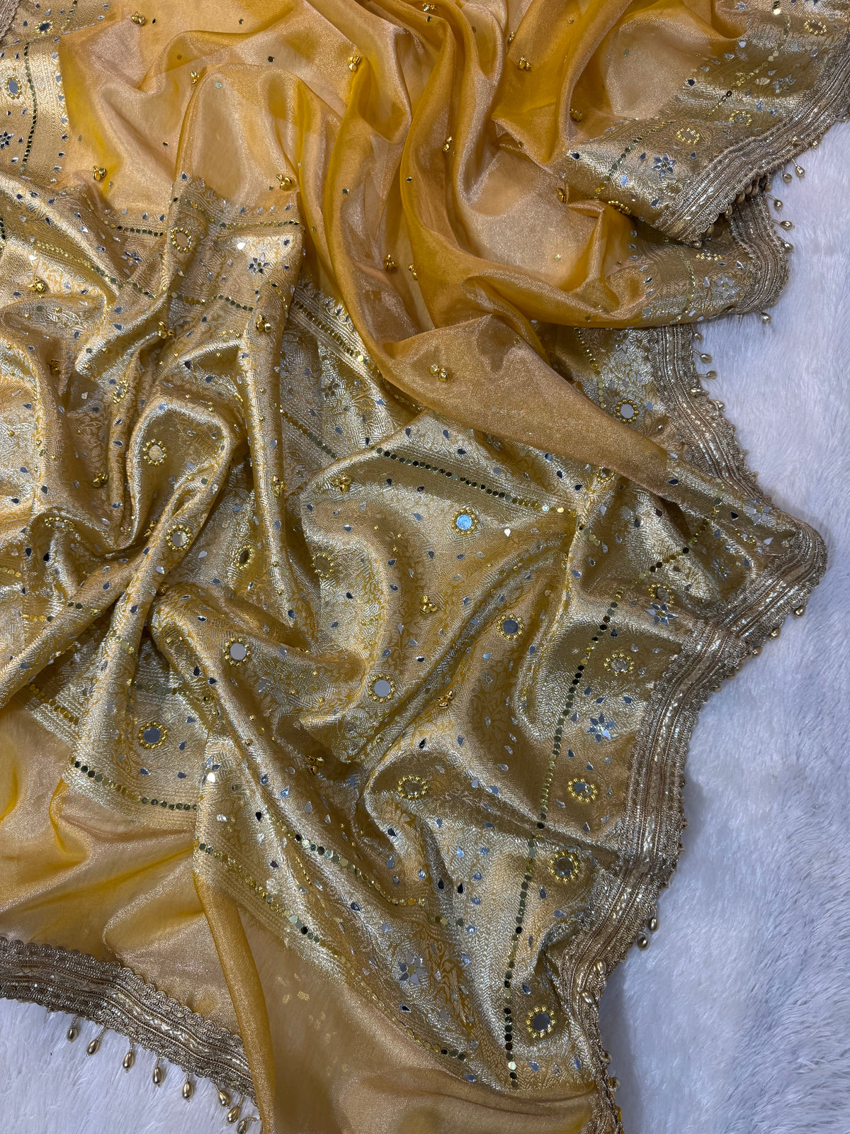 Yellow Tissue Silk Banarasi Saree With Ghungroo & Mirror Work Designer Border Lace Saree