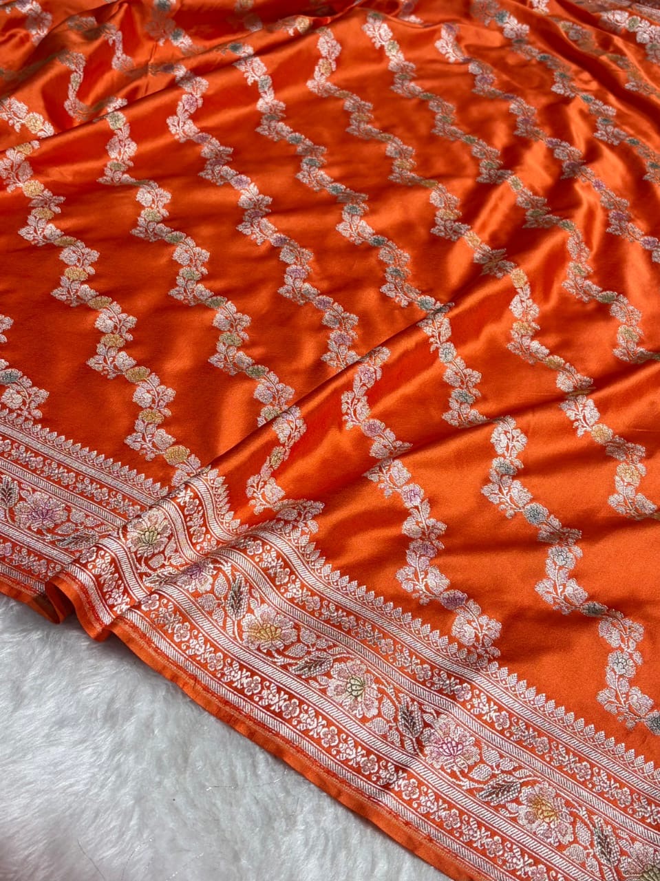 Orange Meenakri Mashru Katan Silk Banarasi Saree