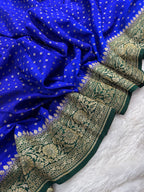 Green & Royal Blue Pure Khaddi Crep Silk Banarasi Saree
