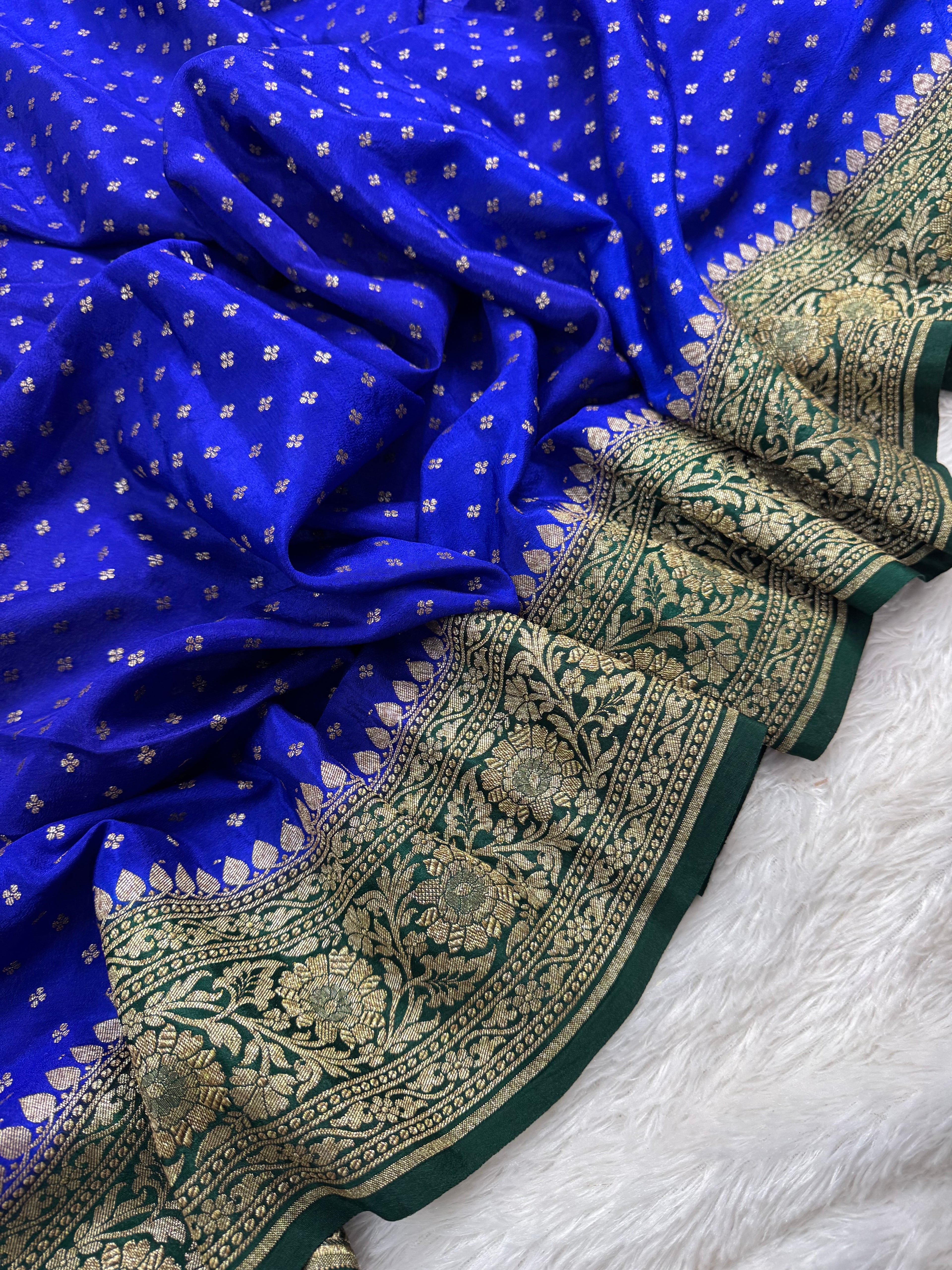 Green & Royal Blue Pure Khaddi Crep Silk Banarasi Saree