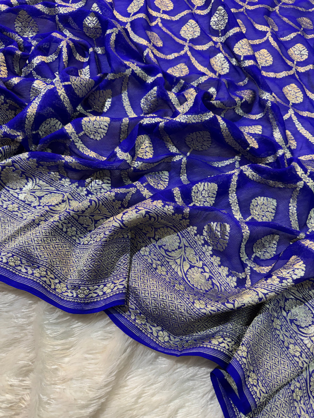 Royal Blue Pure Khaddi Georgette Silk Banarasi Saree